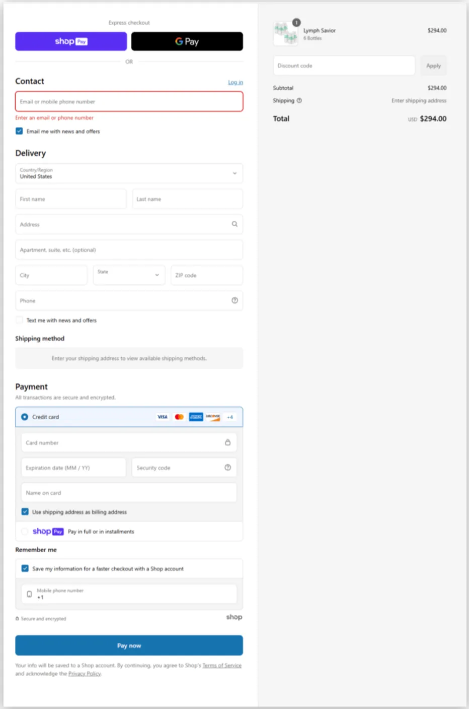 Lymph Savior Secure Checkout Page
